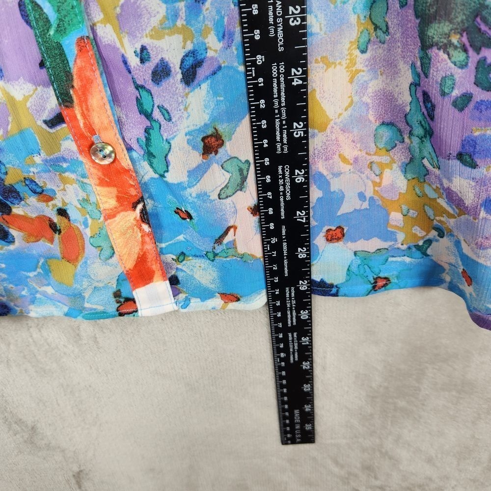 Figueroa Flower Watercolor Floral‎ Button Down Blouse Blue Orange Multi Print 1X - Picture 8 of 12